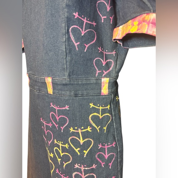 Denim Jumpsuit Wide Leg Short Puff Sleeve Women’s Large Hand painted hearts - Picture 5 of 10